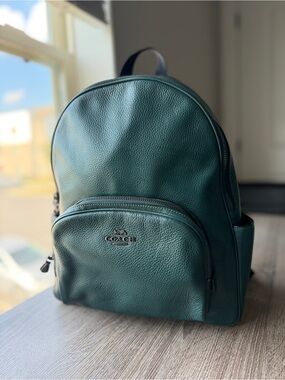 coach dark green leather backpack 2018 Court  Club de Mode Refined pebble leather Inside zip cell phone and multifunction pockets Laptop compartment with zip closure Zip closure recycled polyester lining Top handle with 3 drop Outside zip pocket Luggage sleeve Adjustable shoulder straps Fits a 16 laptop 11 3/4 (L) x 16 1/2 (H) x 6 (W) Style No. Green Shop All Backpacks |